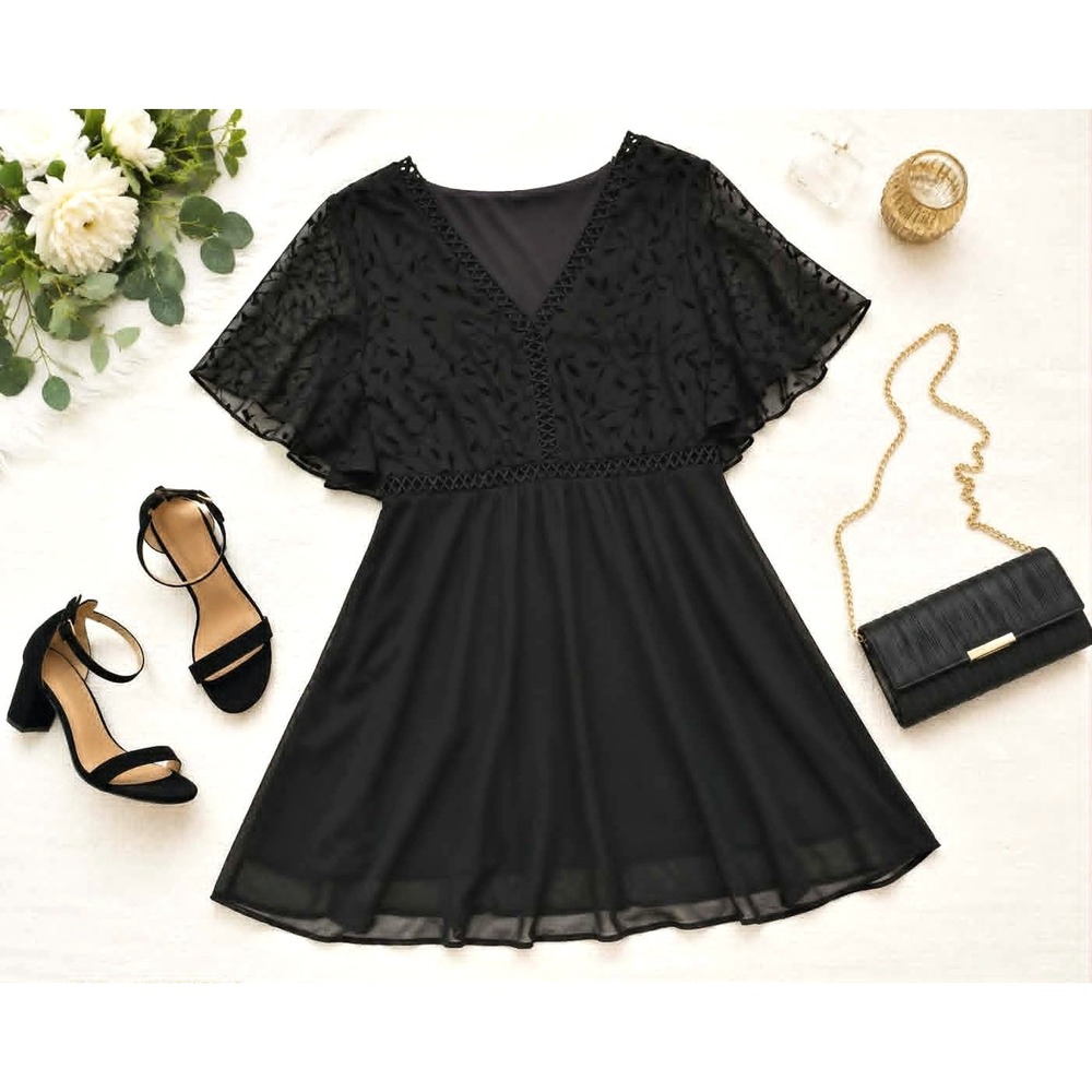 SHEIN Curve 2XL Black Flocked Leaf Chiffon Dress Flutter Sleeve V-Neck Plus Size